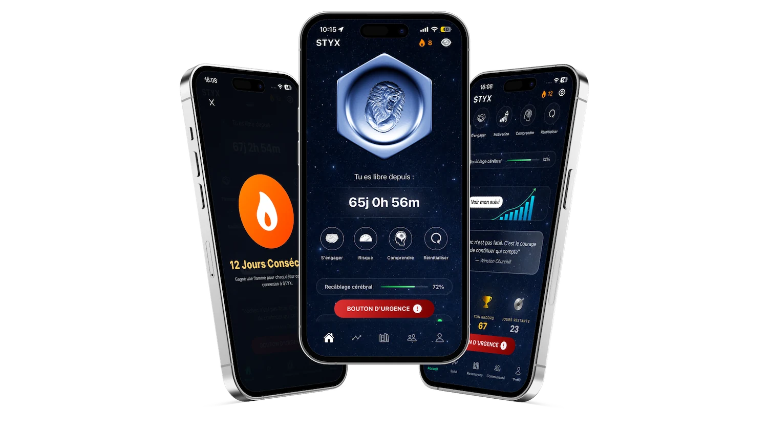 Application STYX sur iPhone : tableau de bord, suivi des jours sans porno et accès communauté