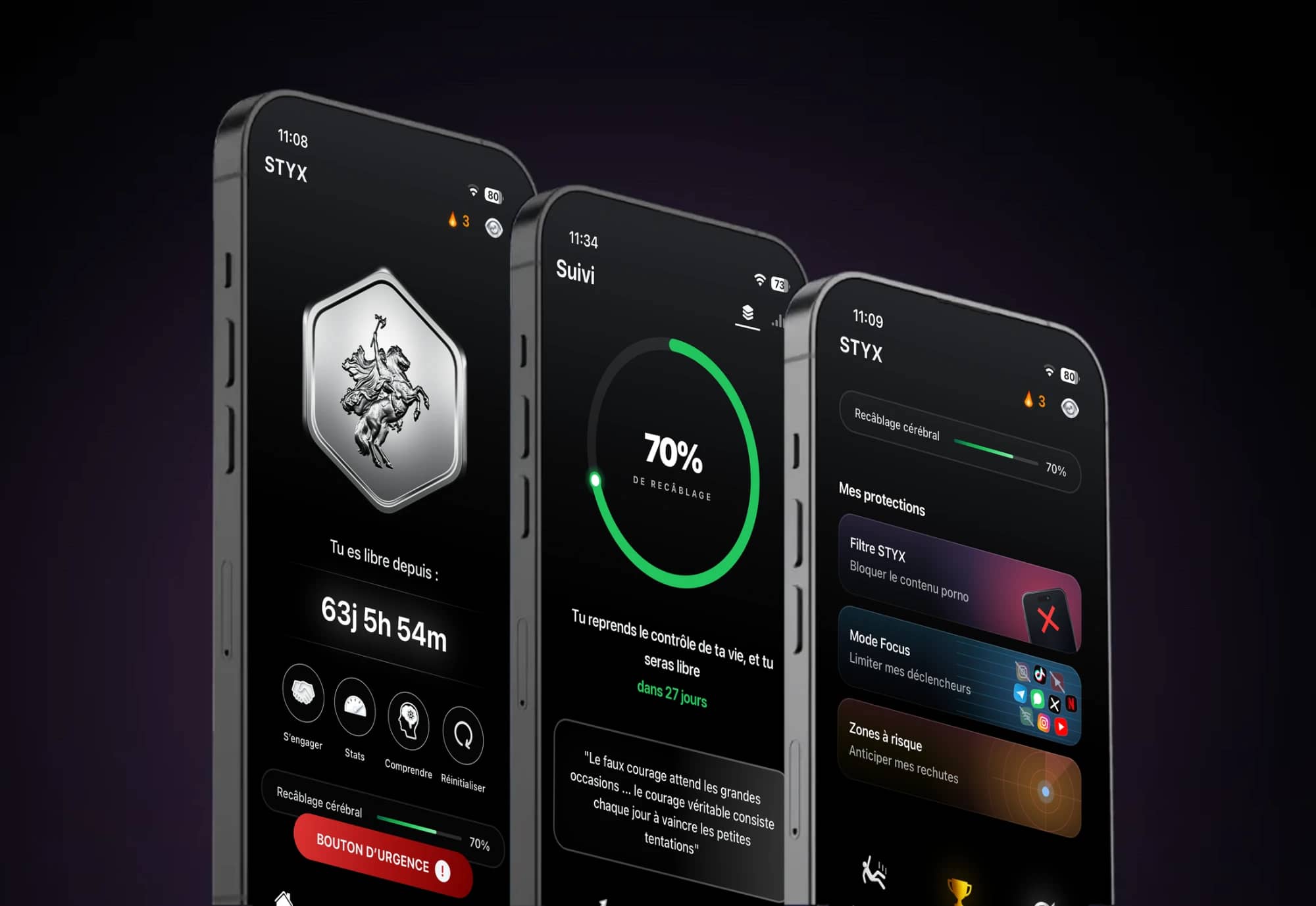 Application STYX : compteur, recâblage cérébral, bouton d'urgence et protections